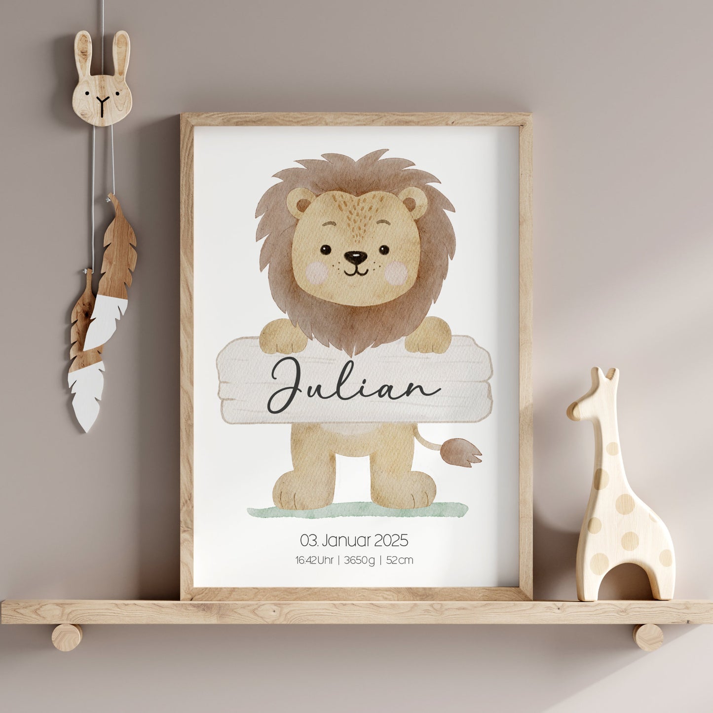 Geburtsposter Geburtsdaten personalisiert Kinderzimmer Löwe Safari Mädchen Jungen