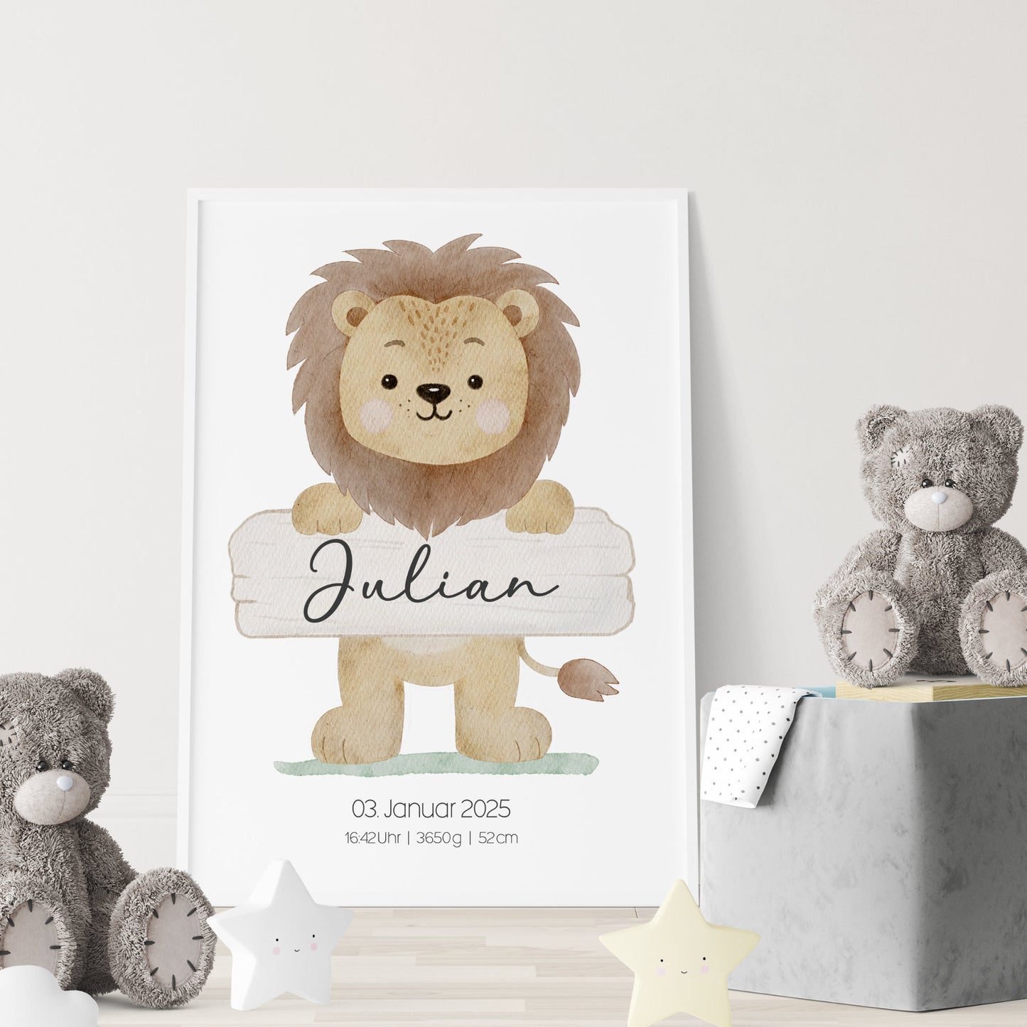 Geburtsposter Geburtsdaten personalisiert Kinderzimmer Löwe Safari Mädchen Jungen