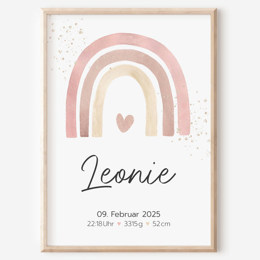 Geburtsposter Geburtsdaten personalisiert Kinderzimmer Regenbogen Rosa Mädchen