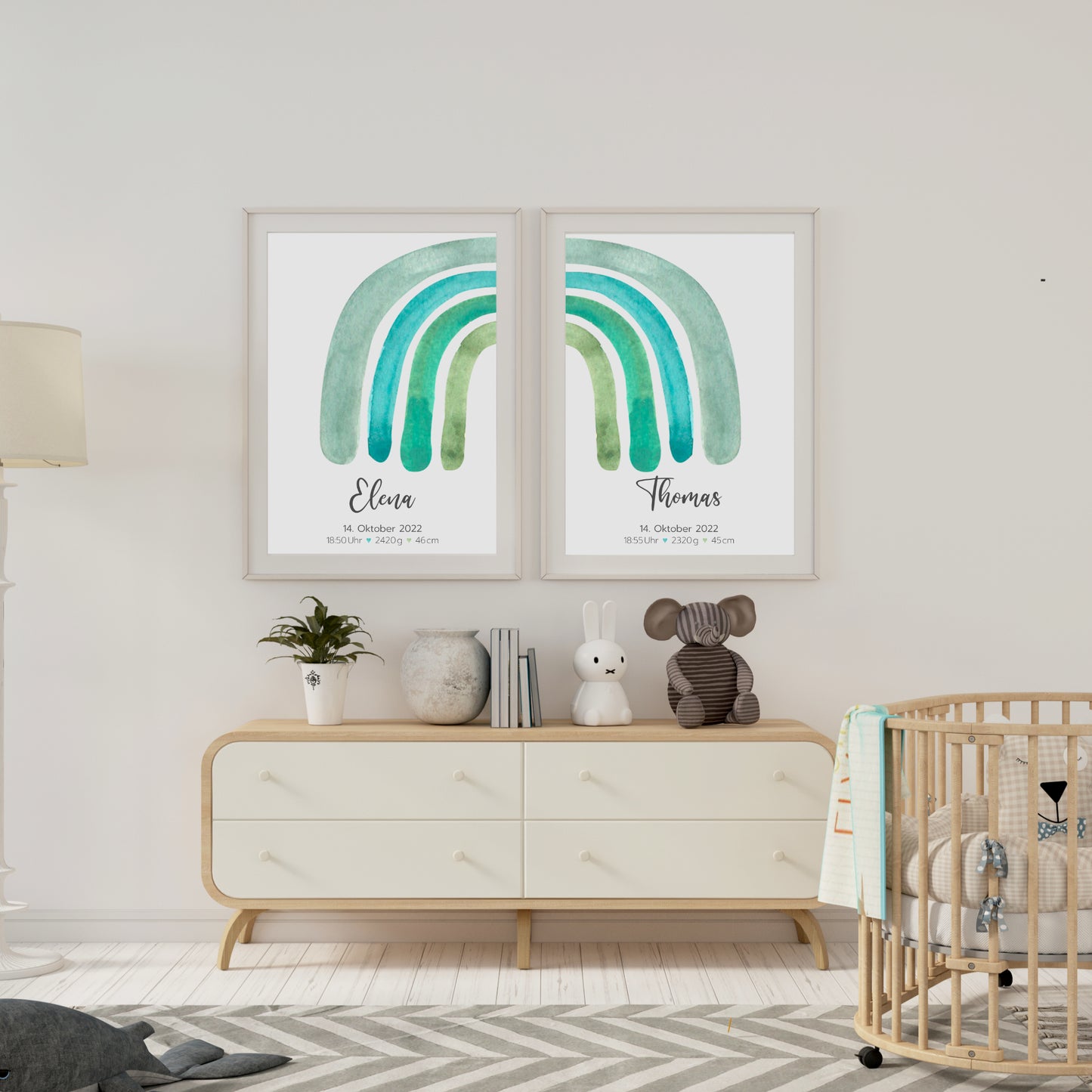 Geburtsposter Zwillinge Geschwister Geburtsdaten Regenbogen Jungen Mädchen personalisiert