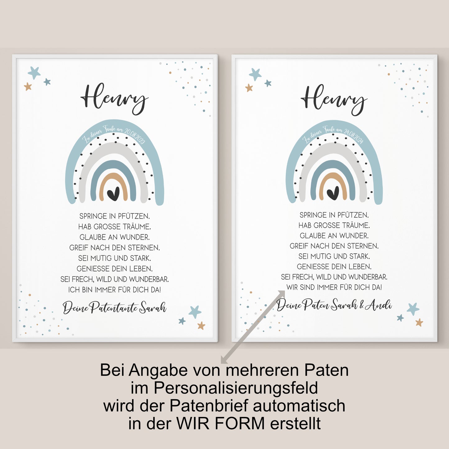 Patenbrief Poster Taufgeschenk Patenkind Taufe personalisiert Taufbrief Regenbogen Junge Blau