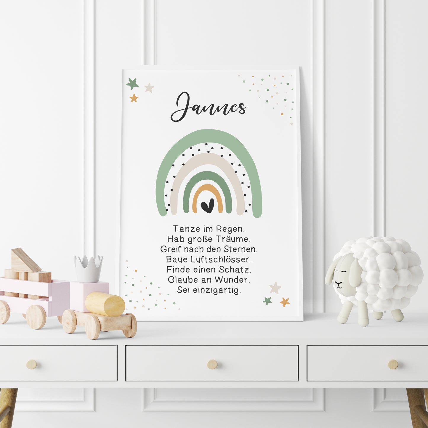 Kinderzimmer Poster Affirmation Jungen Mädchen Regenbogen Grün personalisiert
