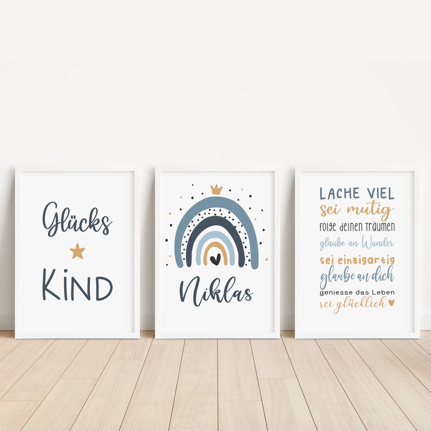 Geburtsposter 3er Set Motivation personalisiert Kinderzimmer Regenbogen Blau Junge