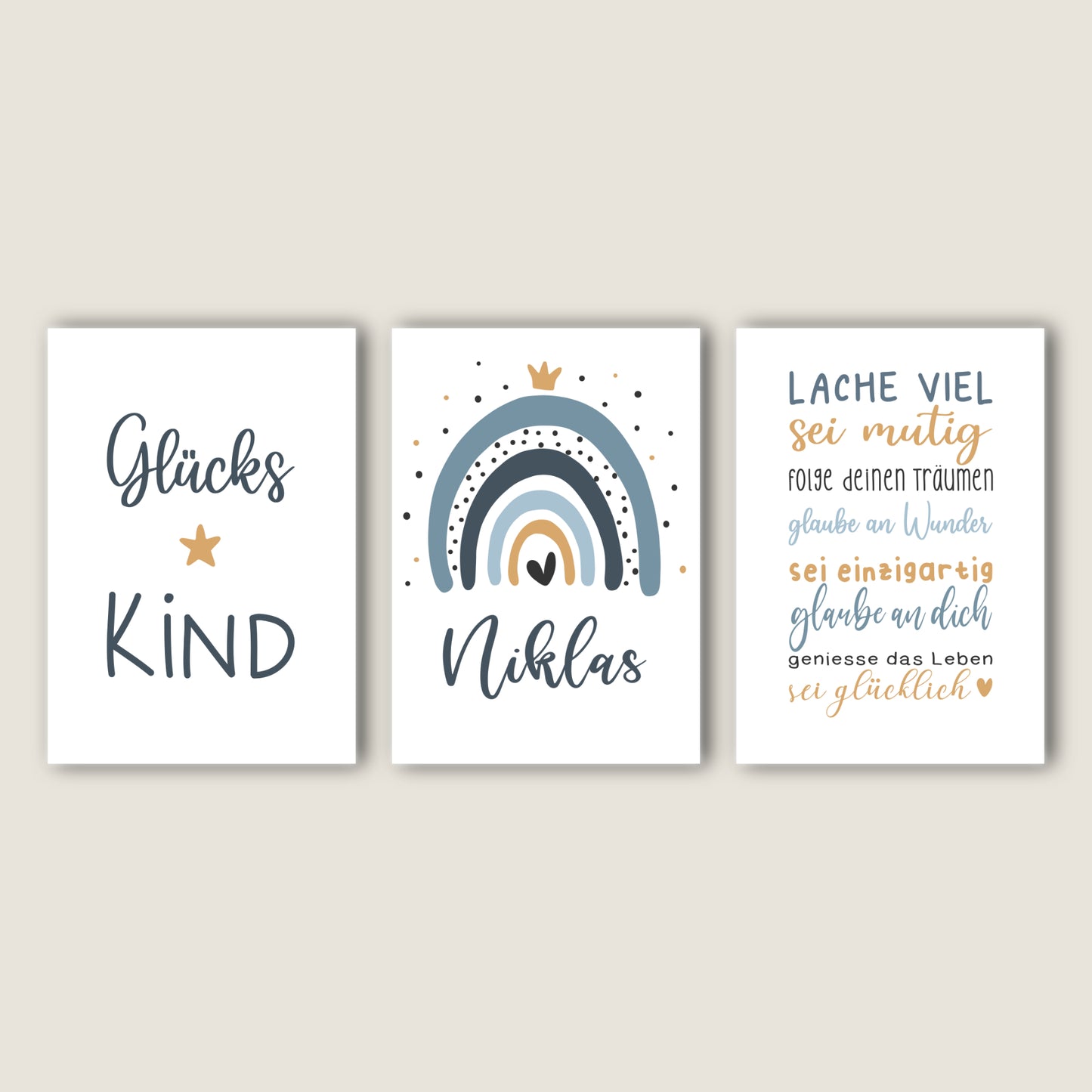 Geburtsposter 3er Set Motivation personalisiert Kinderzimmer Regenbogen Blau Junge