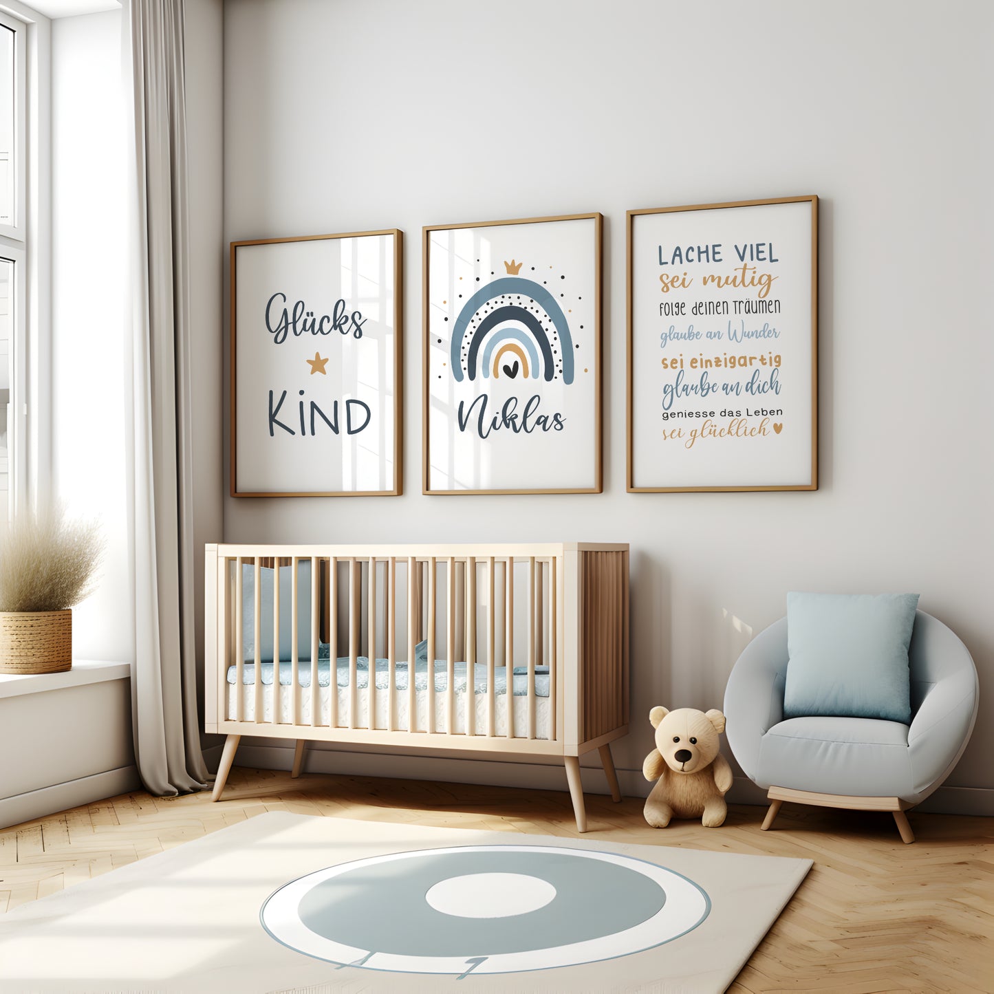 Geburtsposter 3er Set Motivation personalisiert Kinderzimmer Regenbogen Blau Junge