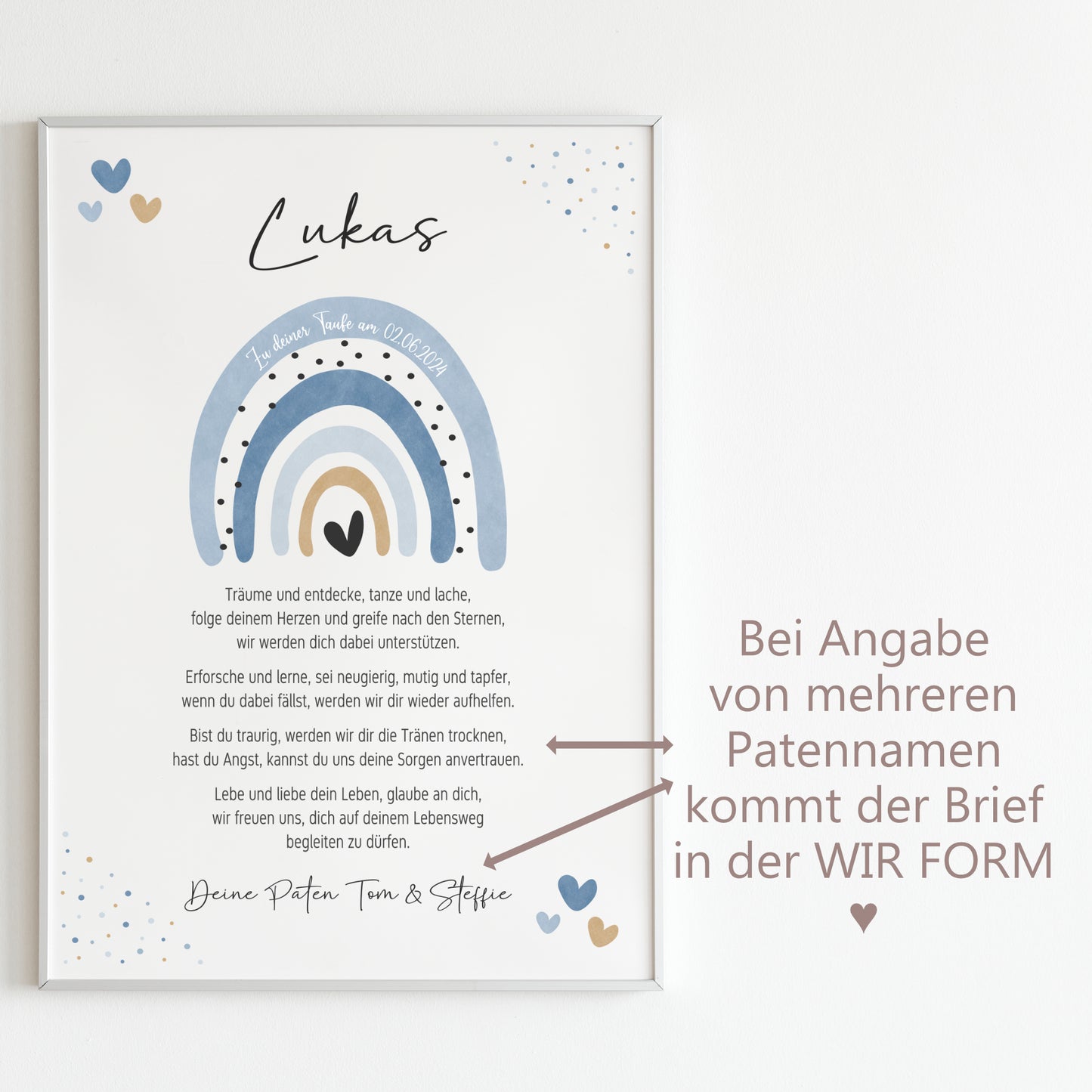 Patenbrief für Patenkind personalisiert Taufe Regenbogen Aquarell Blau