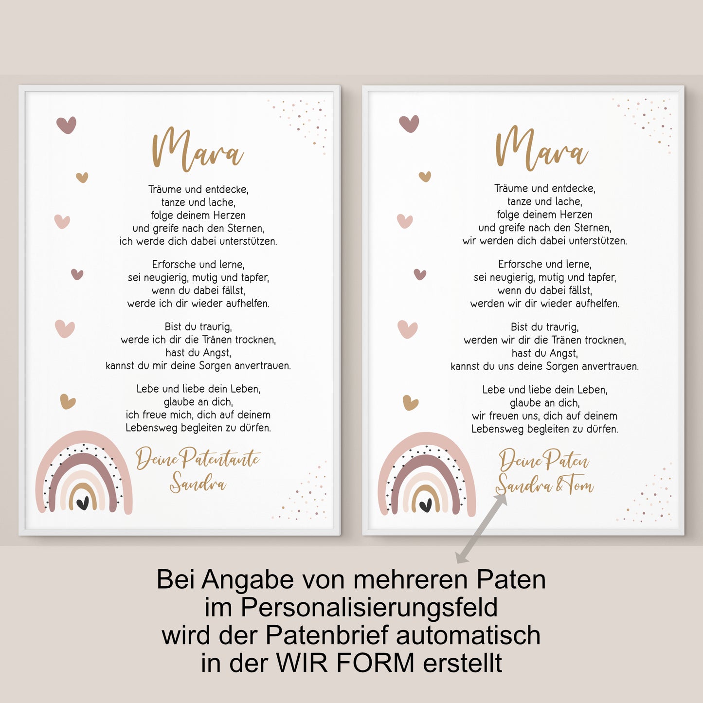 Patenbrief für Patenkind personalisiert Taufe Regenbogen Rosa