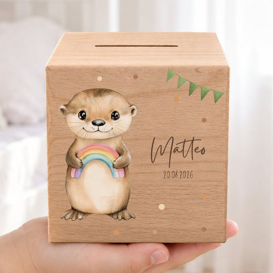 Spardose aus Holz mit Otter Bild für Kinder personalisiert mit Namen