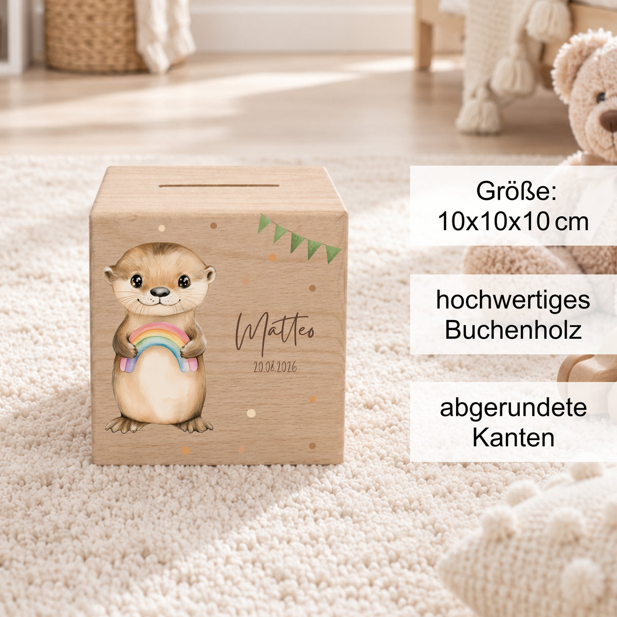 Spardose aus Holz mit Otter Bild für Kinder personalisiert mit Namen