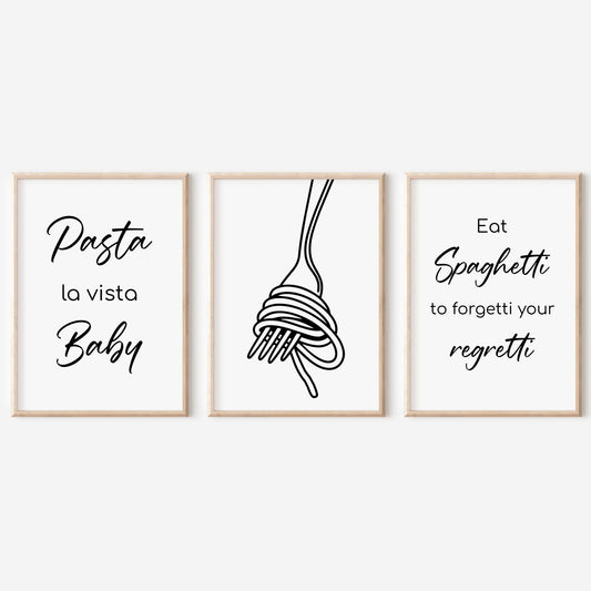 Küche Poster 3 er Set Küchenbild Pasta Spaghetti Gabel Wanddeko Nudeln Kochen