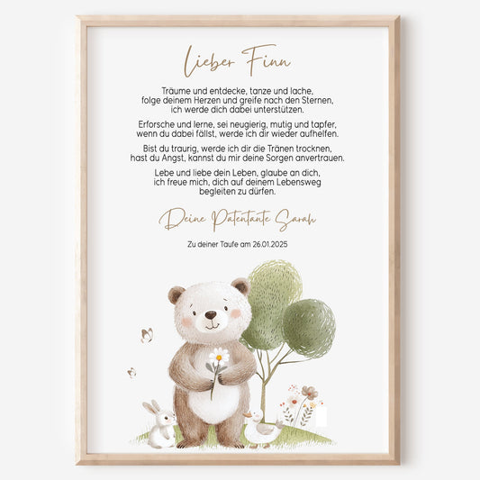 Patenbrief Taufe Patenkind Taufgeschenk Poster oder Datei personalisiert Taufbrief Bär Mädchen Junge