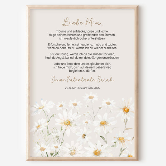 Patenbrief Taufe Patenkind Gänseblümchen Wildblumen Taufgeschenk Poster oder PDF personalisiert Taufbrief Mädchen Junge