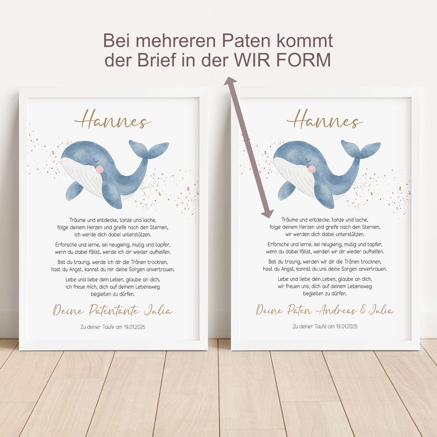 Patenbrief Patenkind Taufbrief Taufe Poster personalisiert Taufgeschenk Wal Mädchen Junge