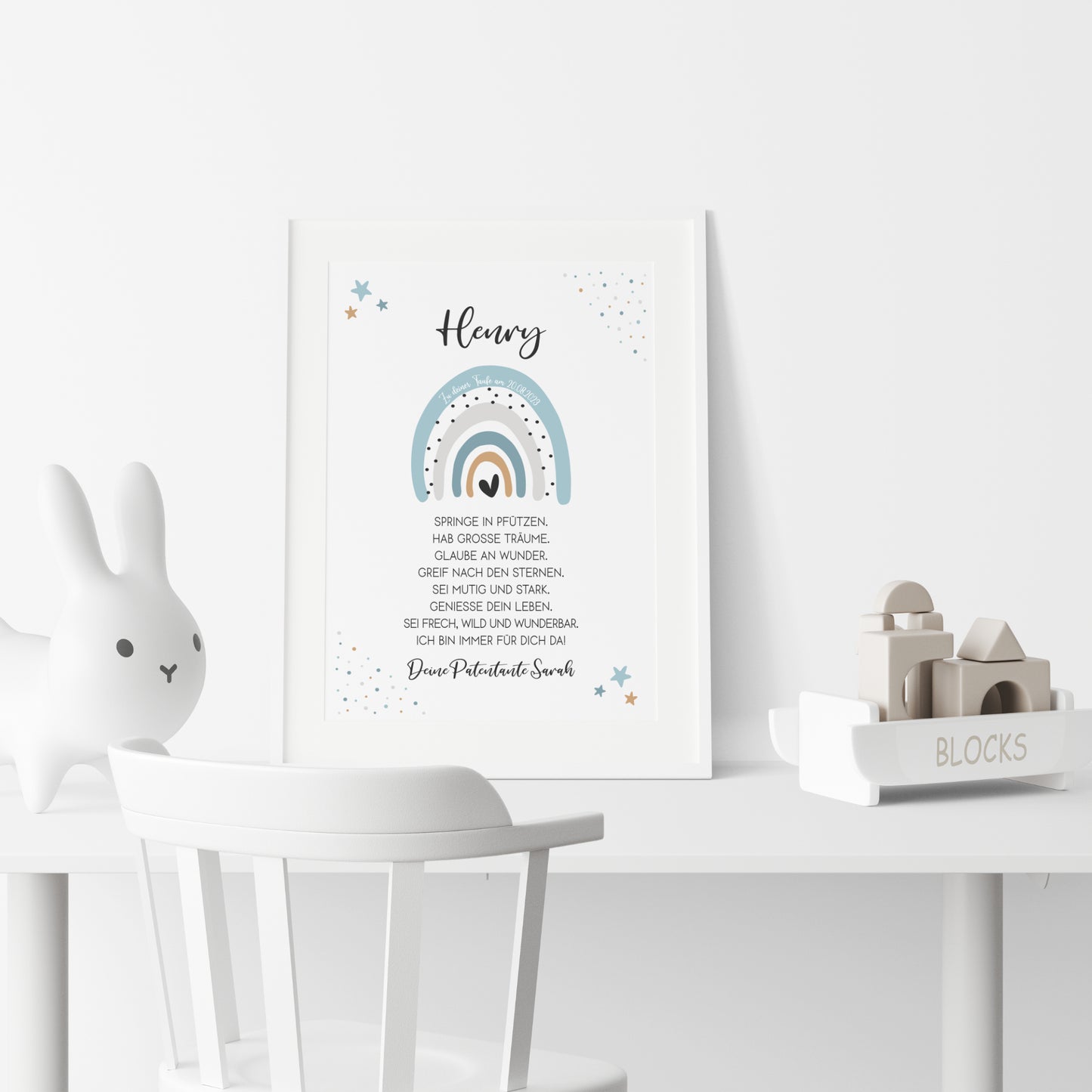 Patenbrief Poster Taufgeschenk Patenkind Taufe personalisiert Taufbrief Regenbogen Junge Blau