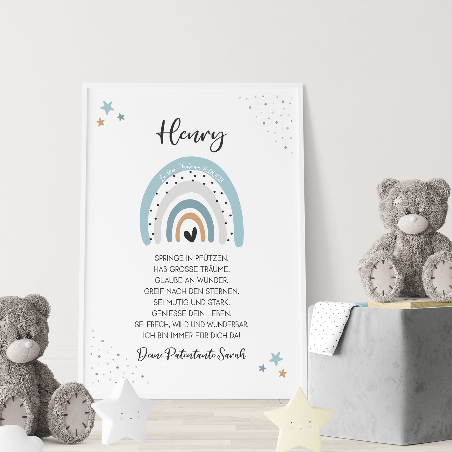 Patenbrief Poster Taufgeschenk Patenkind Taufe personalisiert Taufbrief Regenbogen Junge Blau
