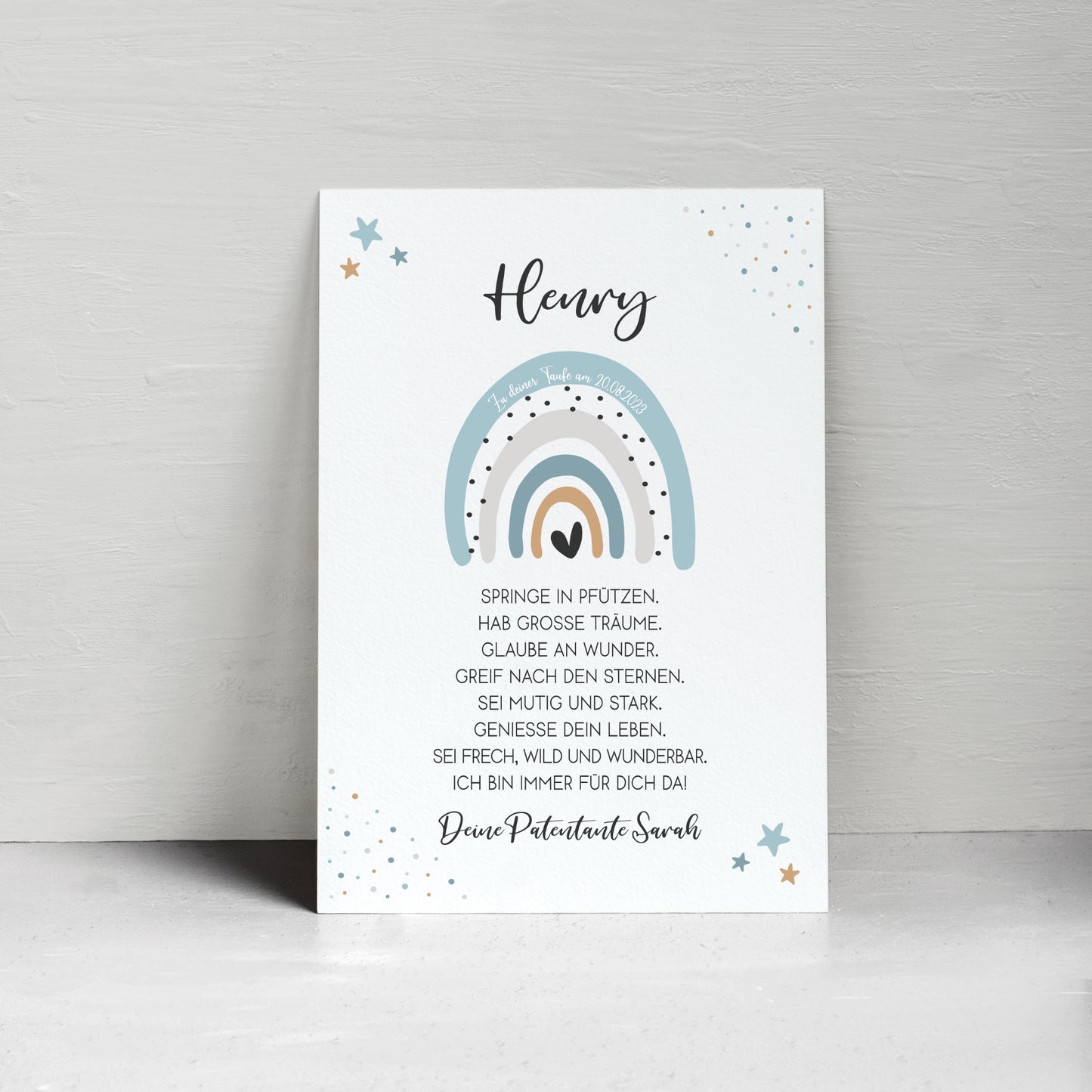 Patenbrief Poster Taufgeschenk Patenkind Taufe personalisiert Taufbrief Regenbogen Junge Blau