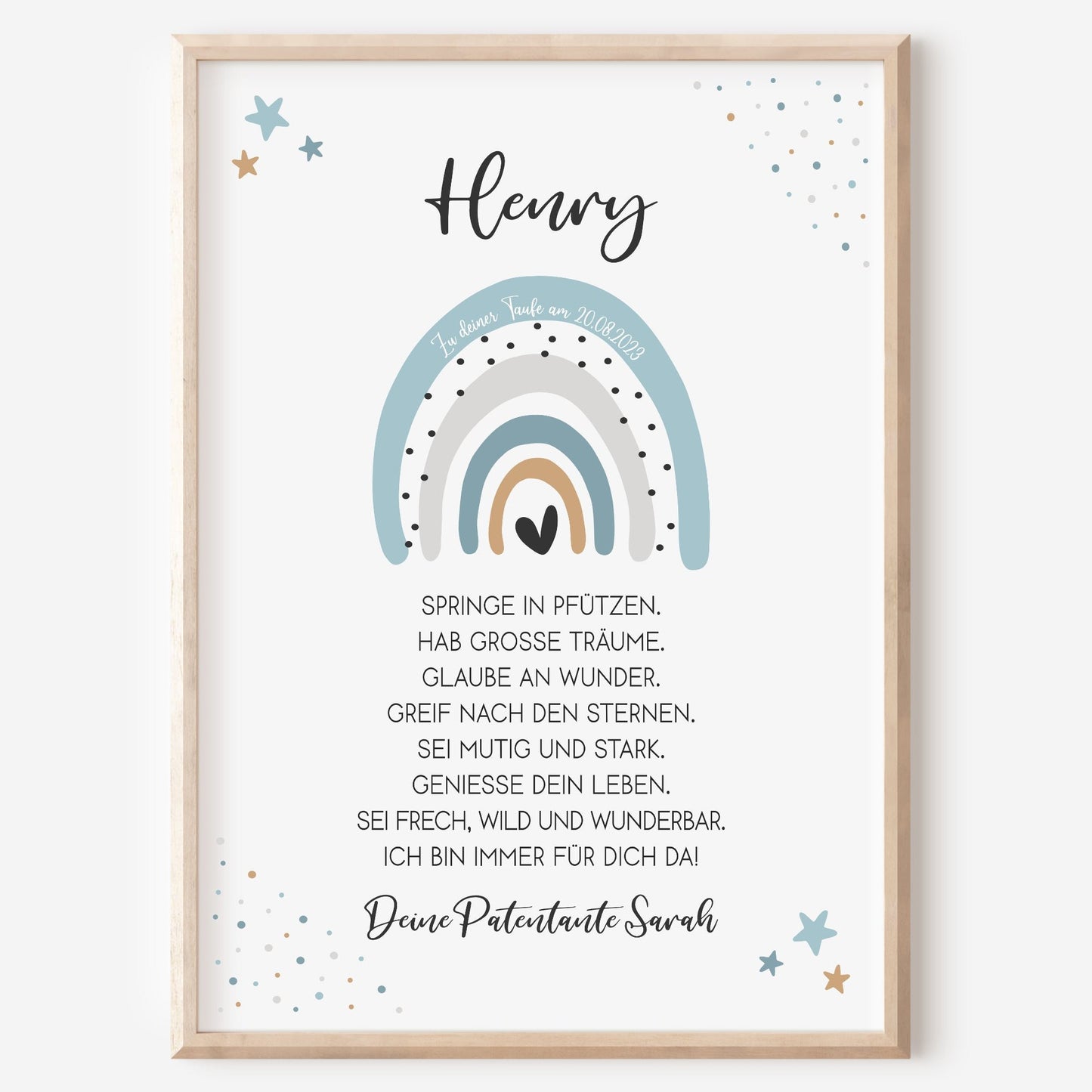 Patenbrief Poster Taufgeschenk Patenkind Taufe personalisiert Taufbrief Regenbogen Junge Blau