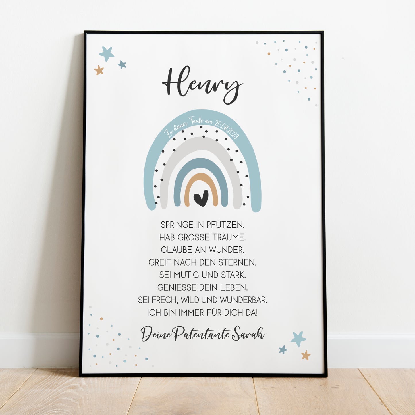 Patenbrief Poster Taufgeschenk Patenkind Taufe personalisiert Taufbrief Regenbogen Junge Blau