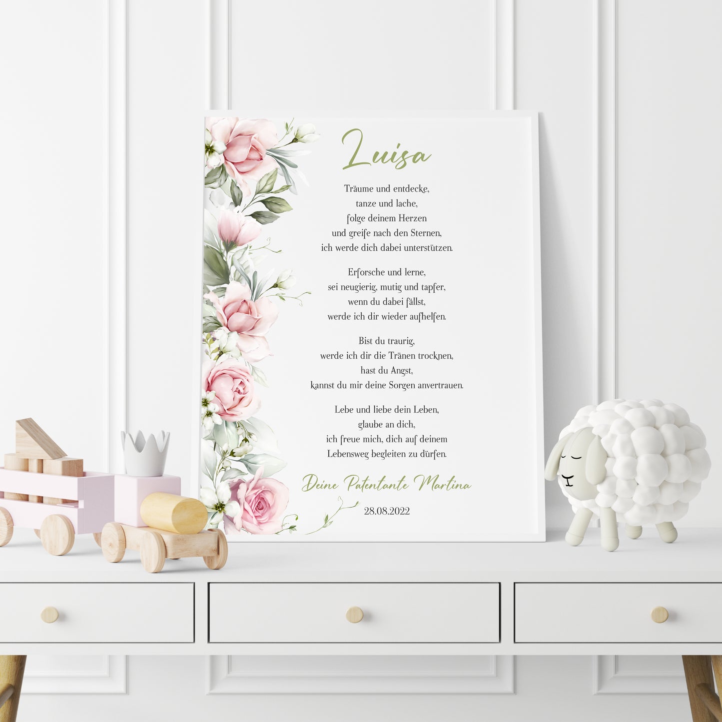 Patenbrief Poster Taufgeschenk Patenkind Taufe personalisiert Taufbrief Rosen Mädchen Rosa