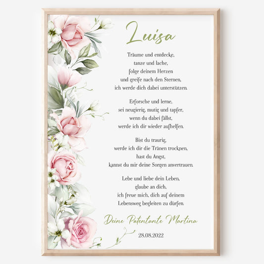 Patenbrief Poster Taufgeschenk Patenkind Taufe personalisiert Taufbrief Rosen Mädchen Rosa