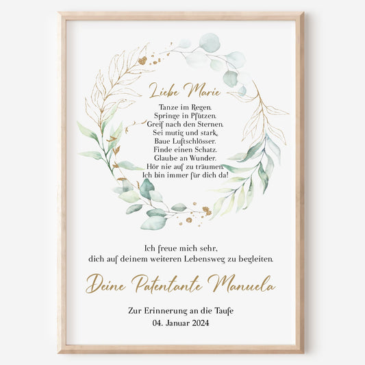Patenbrief Poster Patenkind Taufgeschenk Taufe personalisiert Taufbrief Eukalyptus Mädchen Jungen Grün Gold