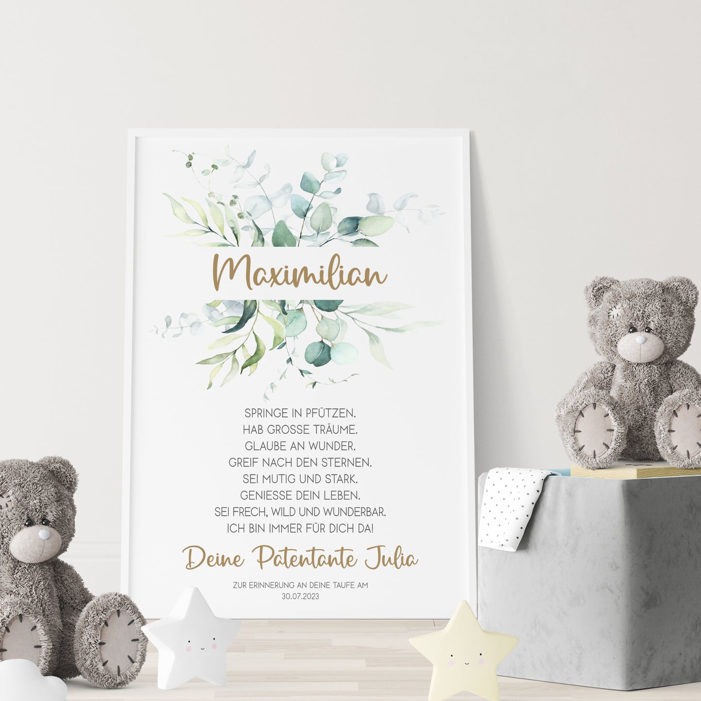 Patenbrief Poster Patenkind Taufgeschenk Taufe personalisiert Taufbrief Eukalyptus Mädchen Jungen Grün