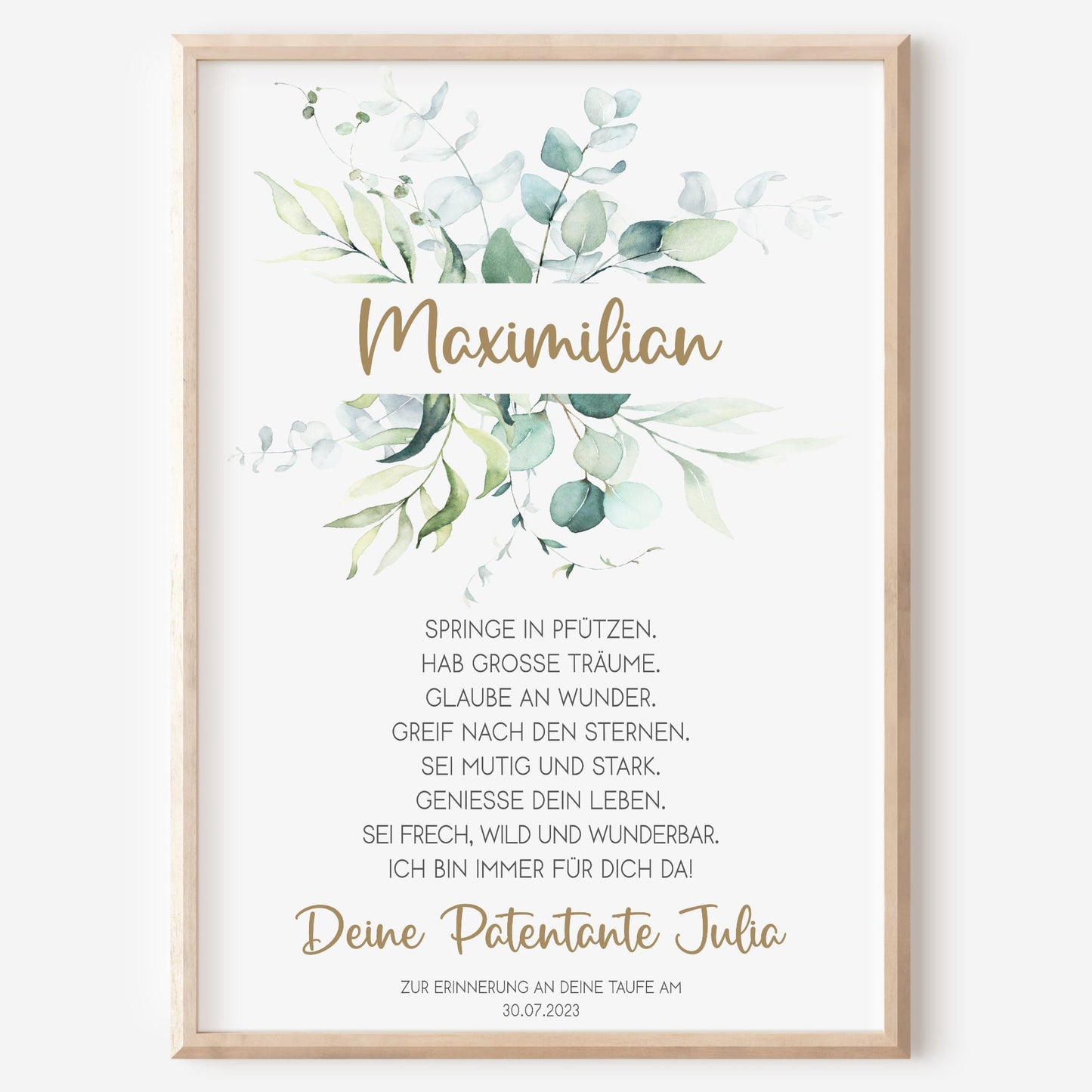 Patenbrief Poster Patenkind Taufgeschenk Taufe personalisiert Taufbrief Eukalyptus Mädchen Jungen Grün