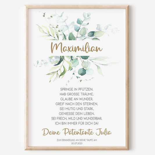 Patenbrief Poster Patenkind Taufgeschenk Taufe personalisiert Taufbrief Eukalyptus Mädchen Jungen Grün