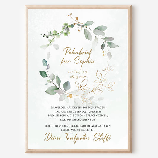 Patenbrief Poster Patenkind Taufgeschenk Taufe personalisiert Taufbrief Eukalyptus Mädchen Jungen Grün