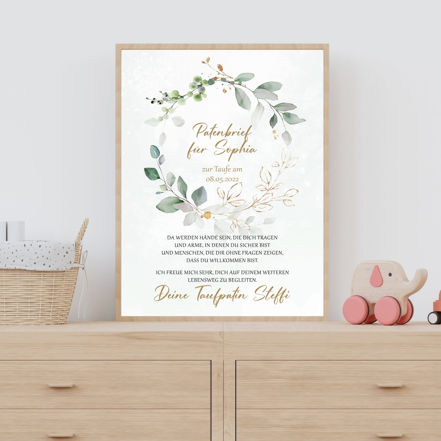 Patenbrief Poster Patenkind Taufgeschenk Taufe personalisiert Taufbrief Eukalyptus Mädchen Jungen Grün