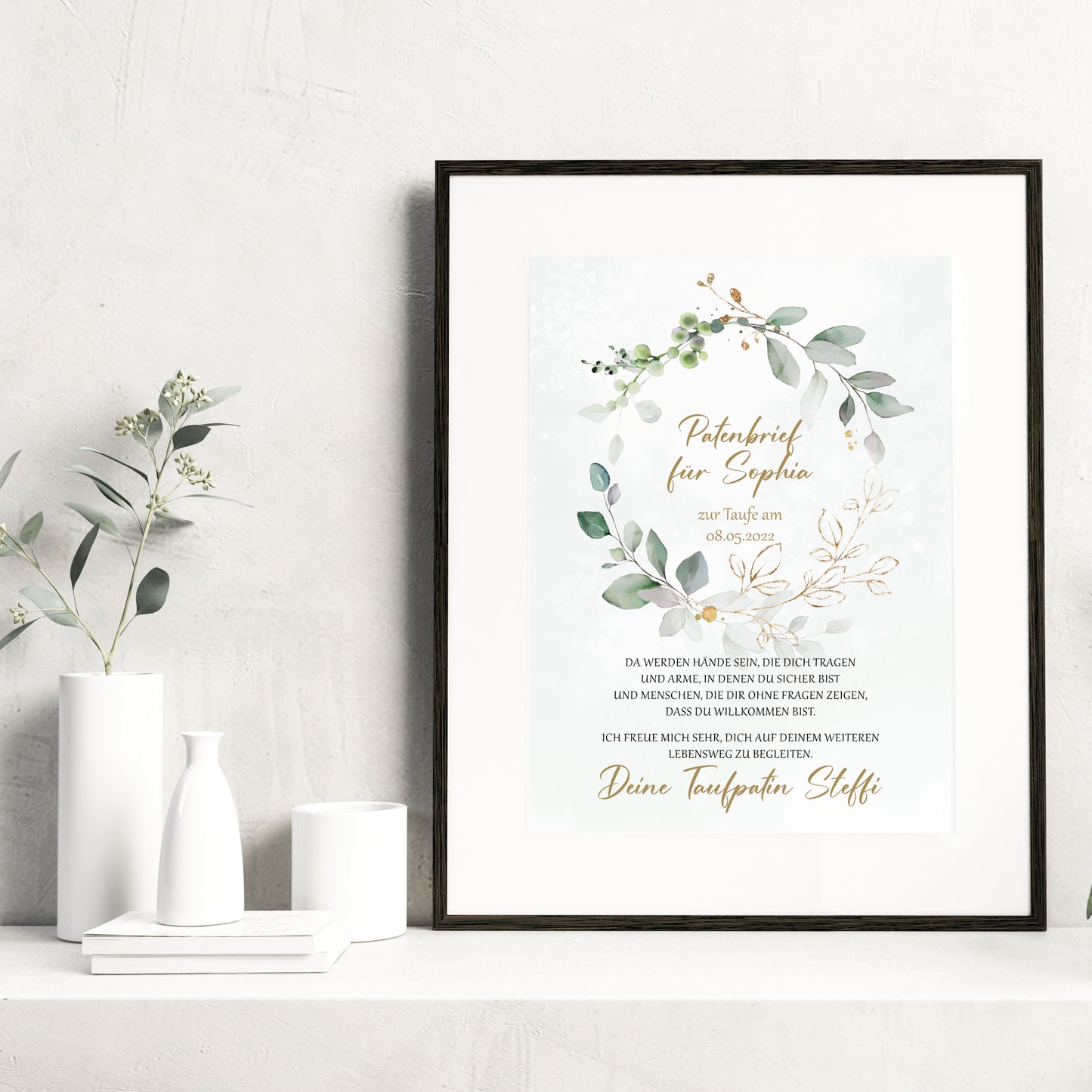Patenbrief Poster Patenkind Taufgeschenk Taufe personalisiert Taufbrief Eukalyptus Mädchen Jungen Grün
