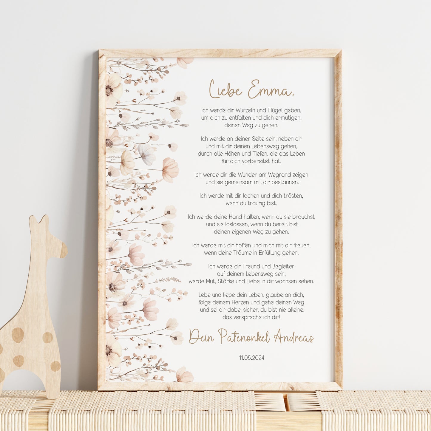 Patenbrief Taufe Patenkind Boho Wildblumen Taufgeschenk Poster oder PDF personalisiert Taufbrief