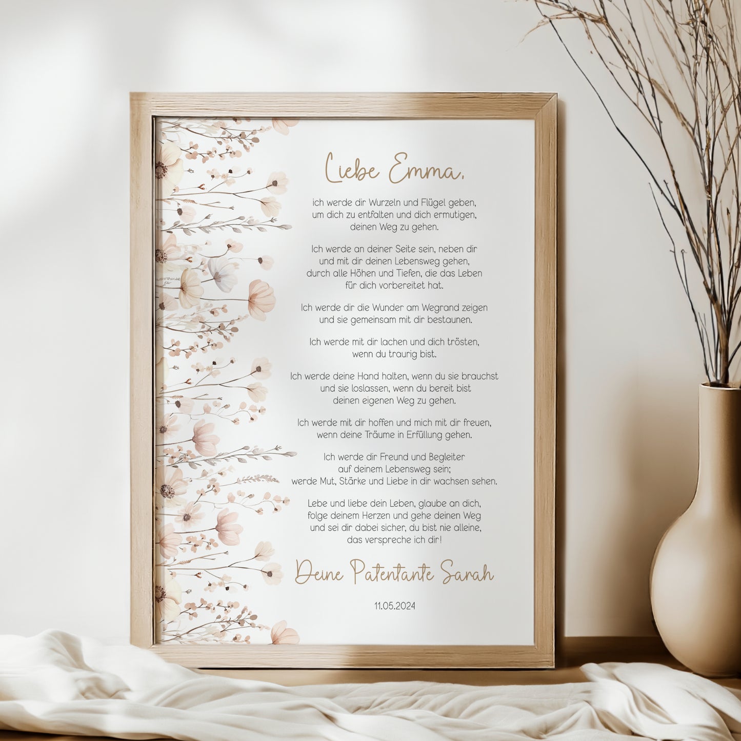 Patenbrief Taufe Patenkind Boho Wildblumen Taufgeschenk Poster oder PDF personalisiert Taufbrief
