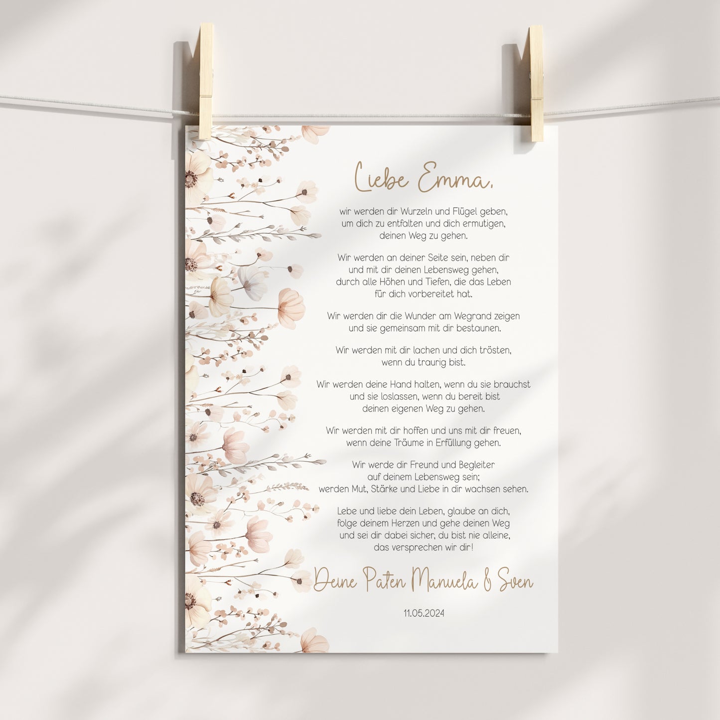 Patenbrief Taufe Patenkind Boho Wildblumen Taufgeschenk Poster oder PDF personalisiert Taufbrief