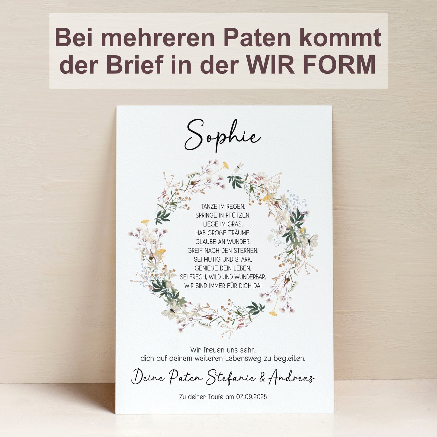 Patenbrief für Patenkind personalisiert Taufe Regenbogen Wildblumenkranz