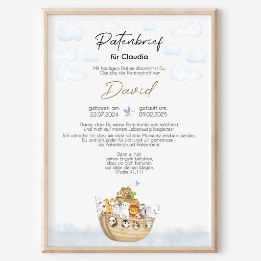 Patenbrief für Patentante Patenonkel Arche Noah Geschenk zur Taufe Poster personalisiert Taufgeschenk Taufbrief Patenurkunde