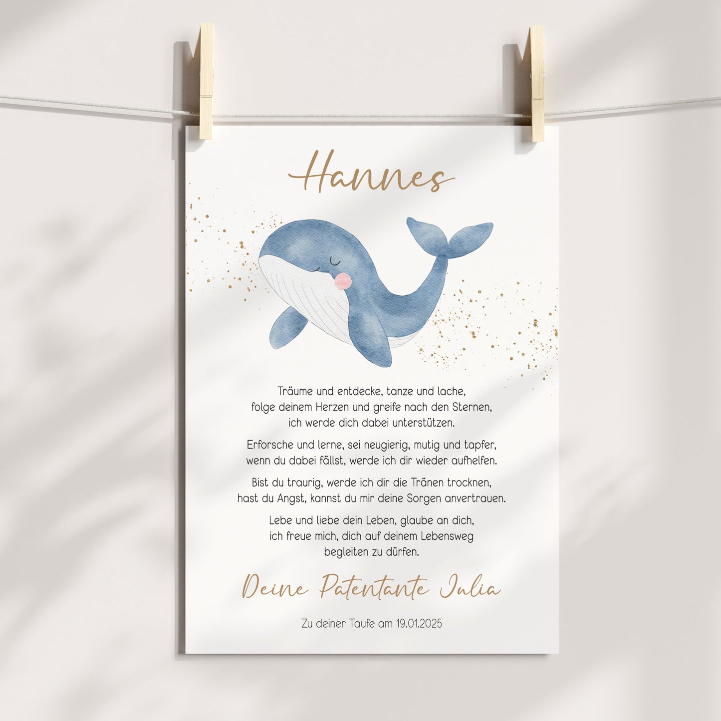 Patenbrief Patenkind Taufbrief Taufe Poster personalisiert Taufgeschenk Wal Mädchen Junge