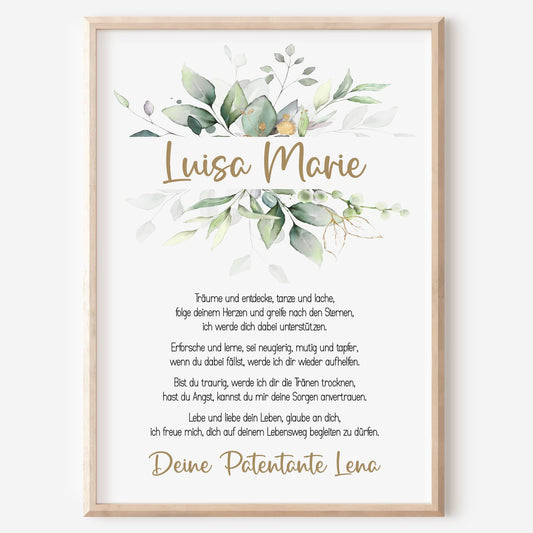 Patenbrief Poster Taufgeschenk Patenkind Taufe personalisiert Taufbrief Eukalyptus Jungen Mädchen