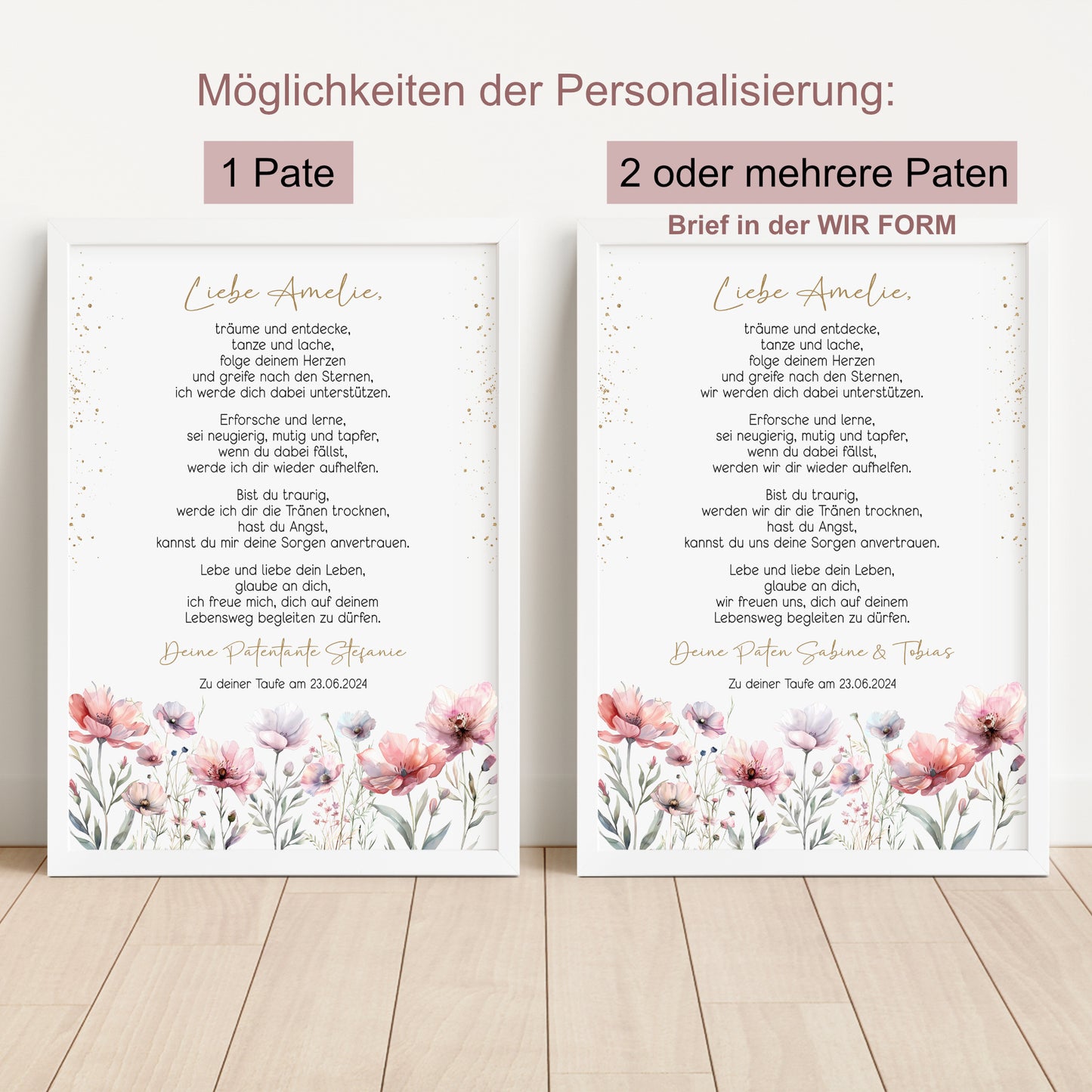Taufgeschenk Poster Patenkind Geschenk zur Taufe personalisiert Patenbrief Wildblumen Wiesenblumen Taufbrief