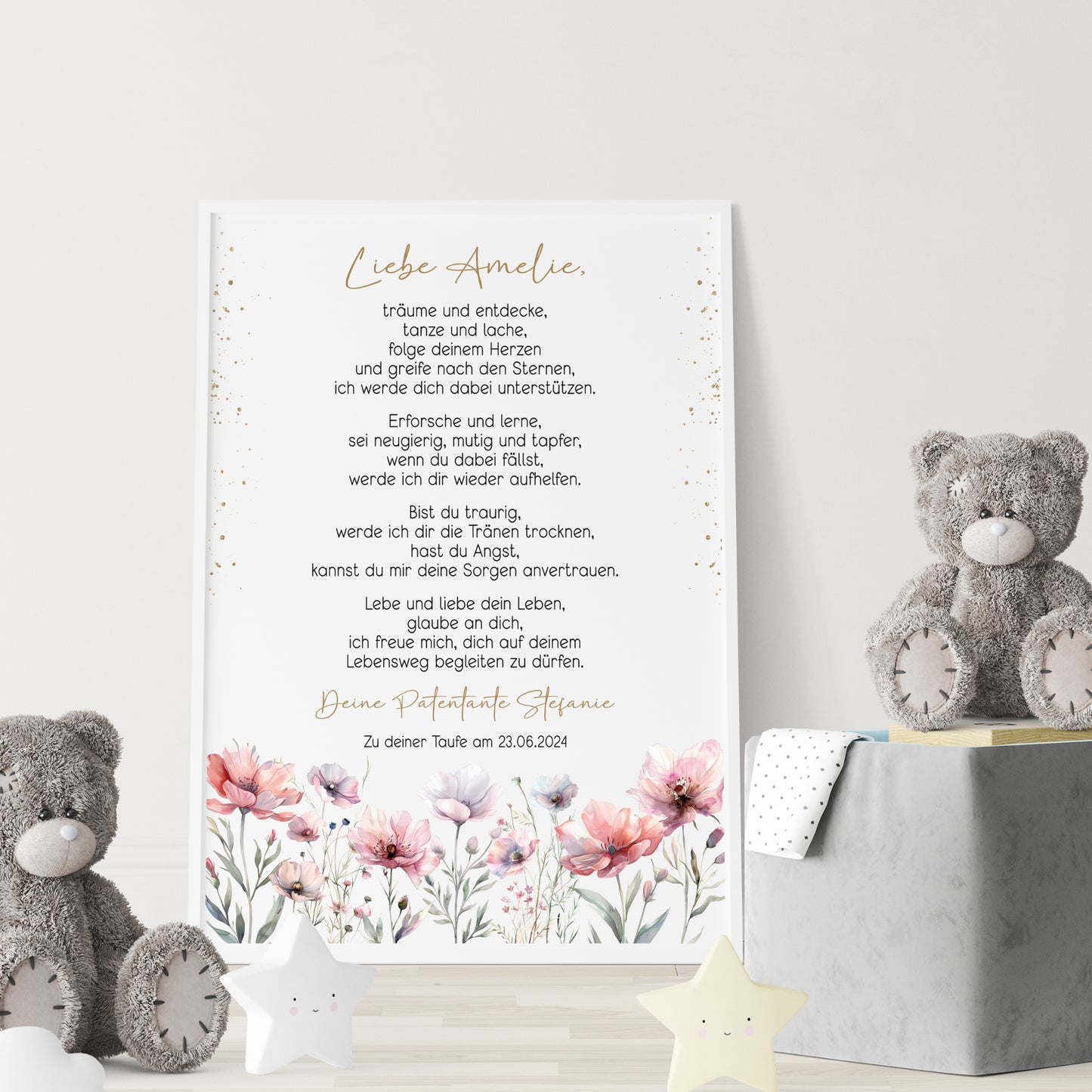Taufgeschenk Poster Patenkind Geschenk zur Taufe personalisiert Patenbrief Wildblumen Wiesenblumen Taufbrief