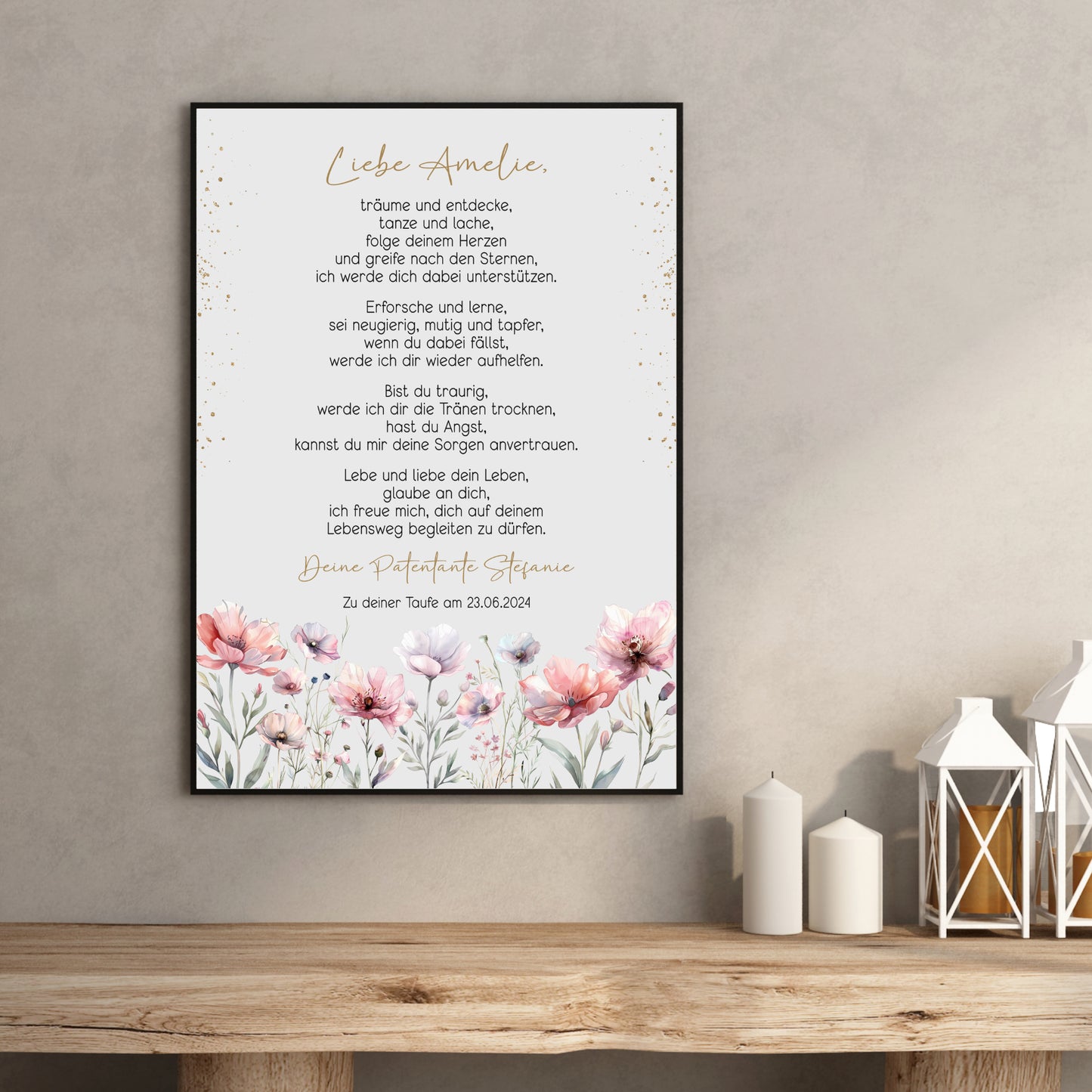 Taufgeschenk Poster Patenkind Geschenk zur Taufe personalisiert Patenbrief Wildblumen Wiesenblumen Taufbrief