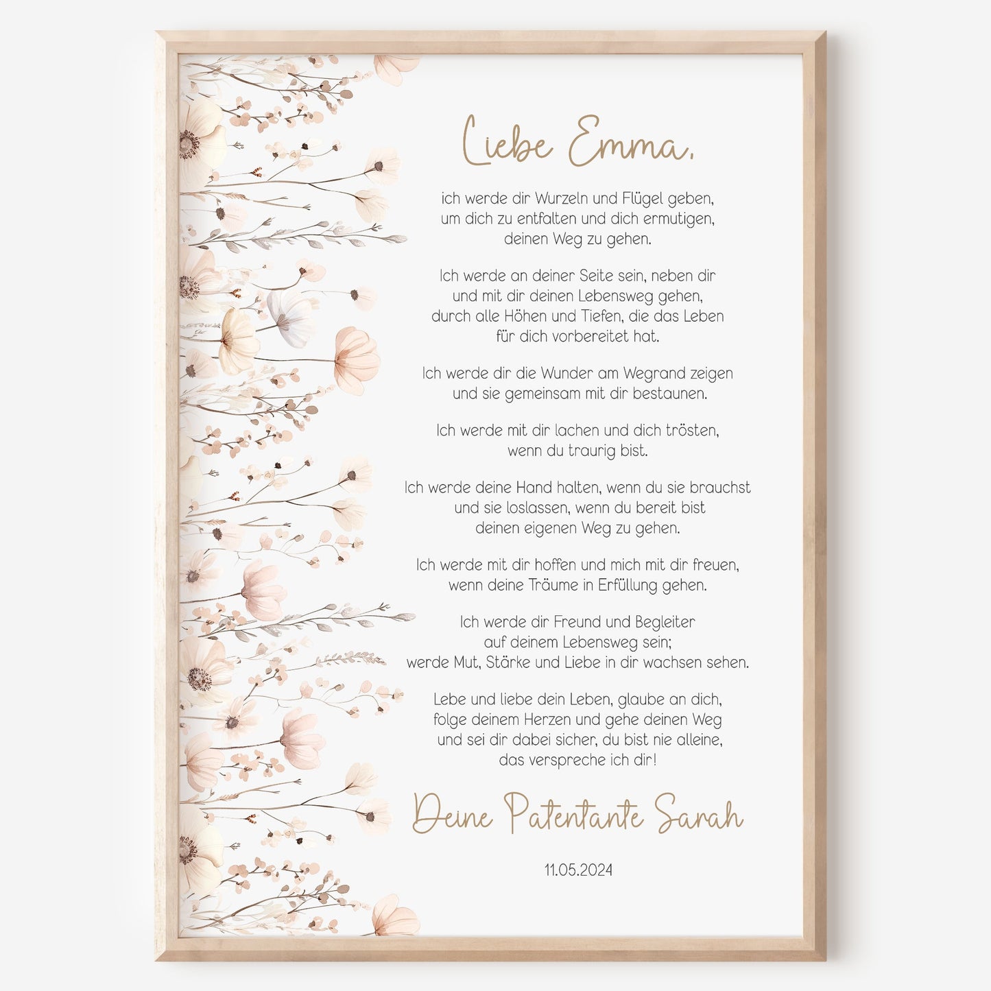 Patenbrief Taufe Patenkind Boho Wildblumen Taufgeschenk Poster oder PDF personalisiert Taufbrief