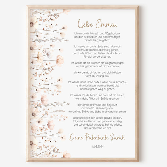 Patenbrief Taufe Patenkind Boho Wildblumen Taufgeschenk Poster oder PDF personalisiert Taufbrief