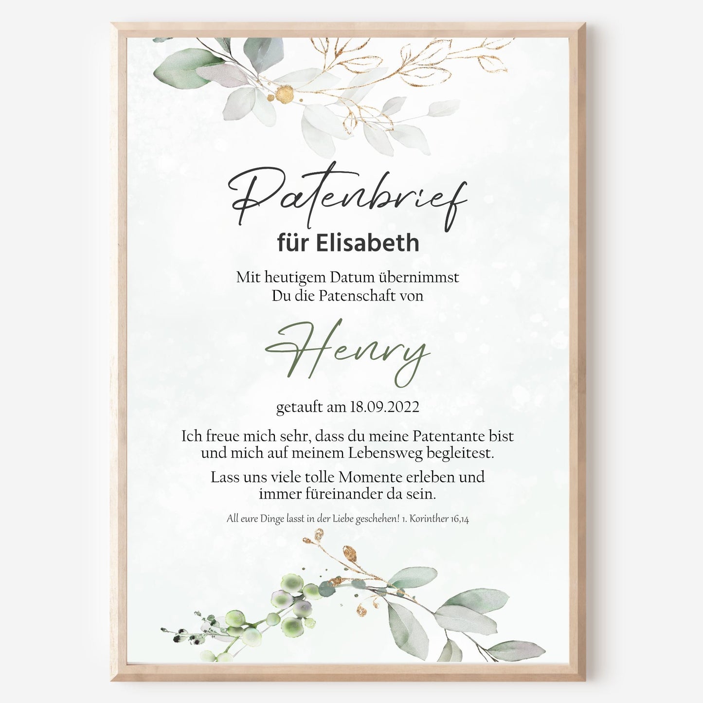 Patenbrief für Patentante Patenonkel Poster Geschenk zur Taufe personalisiert Eukalyptus Taufgeschenk Taufbrief Gold