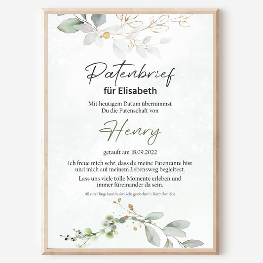 Patenbrief für Patentante Patenonkel Poster Geschenk zur Taufe personalisiert Eukalyptus Taufgeschenk Taufbrief Gold