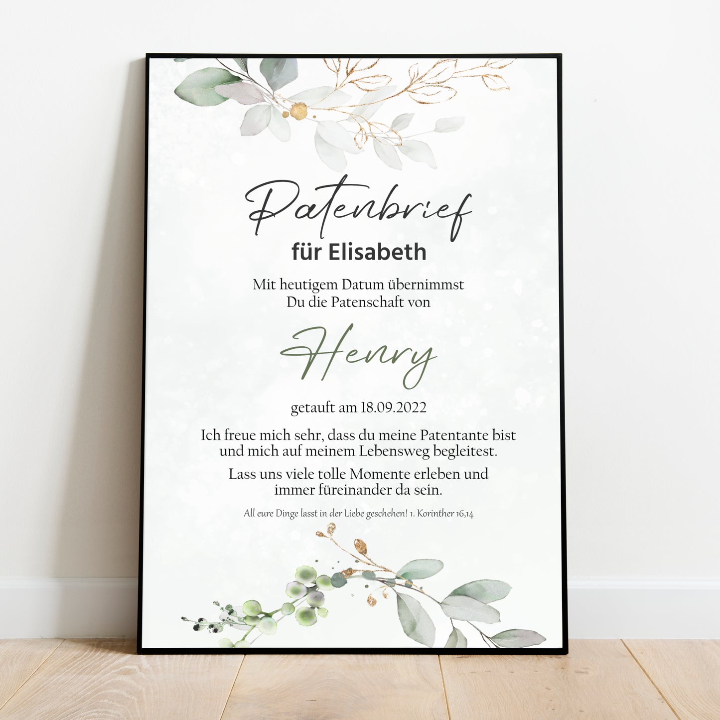 Patenbrief für Patentante Patenonkel Poster Geschenk zur Taufe personalisiert Eukalyptus Taufgeschenk Taufbrief Gold