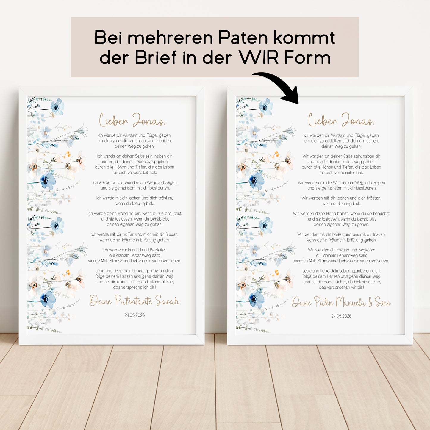 Patenbrief Taufe Patenkind blaue Wildblumen Taufgeschenk personalisiert Taufbrief