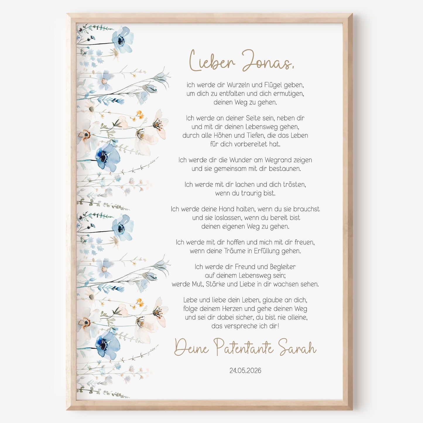 Patenbrief Taufe Patenkind blaue Wildblumen Taufgeschenk personalisiert Taufbrief
