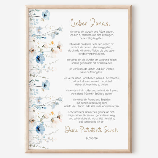 Patenbrief Taufe Patenkind blaue Wildblumen Taufgeschenk personalisiert Taufbrief