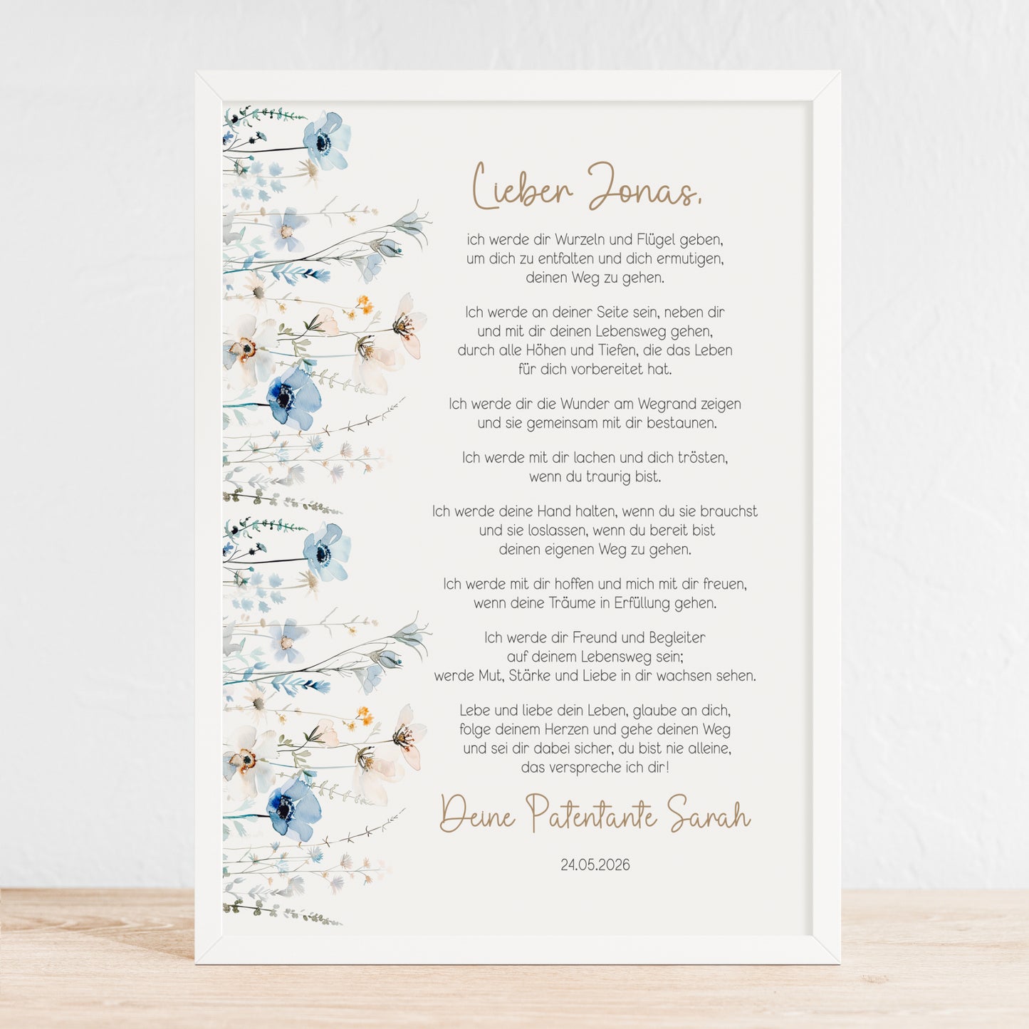 Patenbrief Taufe Patenkind blaue Wildblumen Taufgeschenk personalisiert Taufbrief